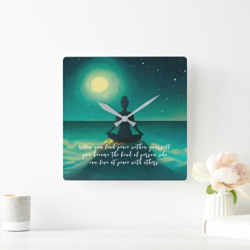 Yoga Meditation Pose on Rock Moon Star Ocean Quote Square Wall Clock