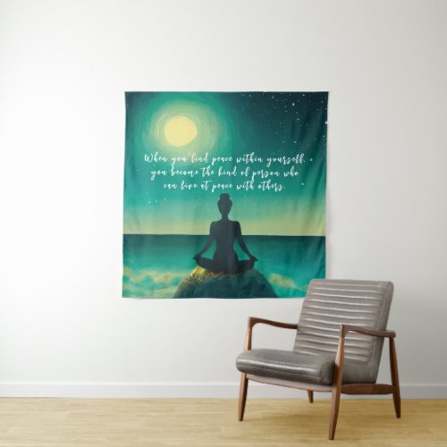 Yoga Meditation Pose on Rock Moon Star Ocean Quote Tapestry