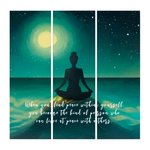 Yoga Meditation Pose on Rock Moon Star Ocean Quote Triptych