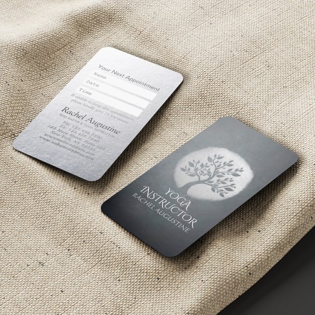 Yoga Meditation Reiki Instructor Black Silver Tree Appointment Card (Creator Uploaded)