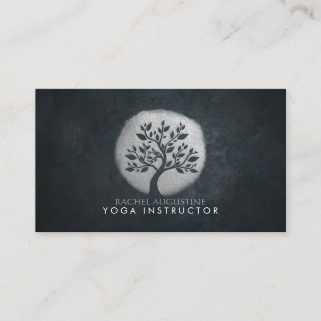 Yoga Meditation Reiki Instructor Black Silver Tree Business Card (Front)