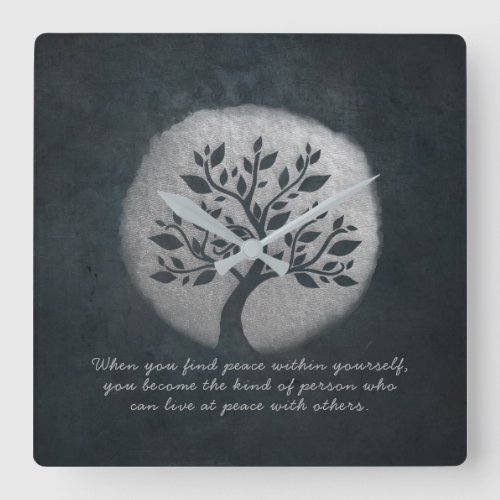 Yoga Meditation Reiki Instructor Silver Tree Quote Square Wall Clock