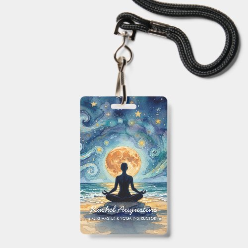 Yoga Meditation Starry Night Sky Moon Ocean Beach Badge