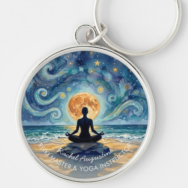 Yoga Meditation Starry Night Sky Moon Ocean Beach Keychain (Front)