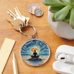 Yoga Meditation Starry Night Sky Moon Ocean Beach Keychain