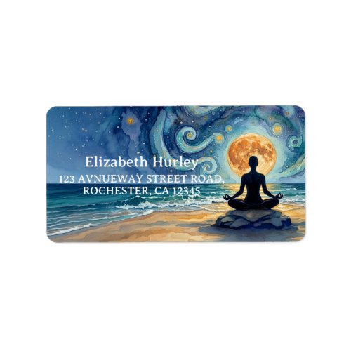 Yoga Meditation Starry Night Sky Moon Ocean Beach Label