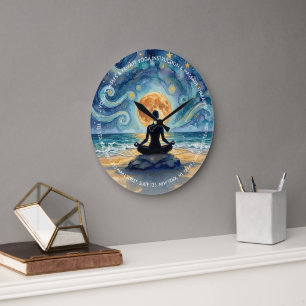Yoga Meditation Starry Night Sky Moon Ocean Beach Large Clock