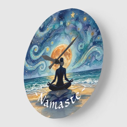 Yoga Meditation Starry Night Sky Moon Ocean Beach Large Clock