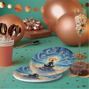 Yoga Meditation Starry Night Sky Moon Ocean Beach Paper Plates
