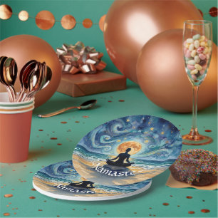 Yoga Meditation Starry Night Sky Moon Ocean Beach Paper Plates