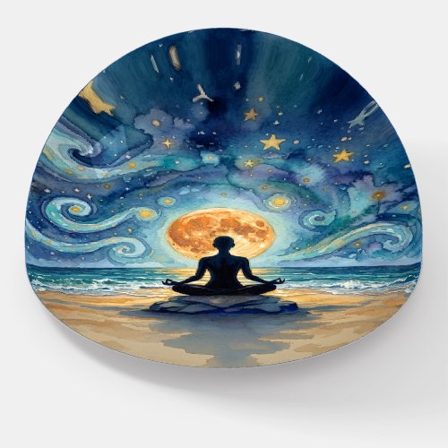 Yoga Meditation Starry Night Sky Moon Ocean Beach Paperweight