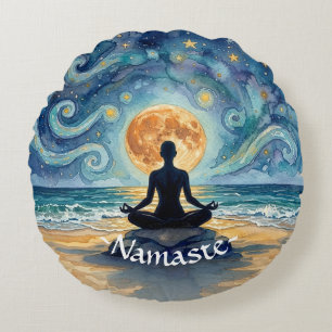 Yoga Meditation Starry Night Sky Moon Ocean Beach Round Pillow