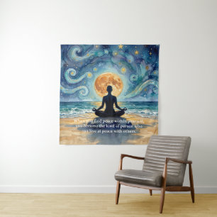 Yoga Meditation Starry Night Sky Moon Ocean Quotes Tapestry