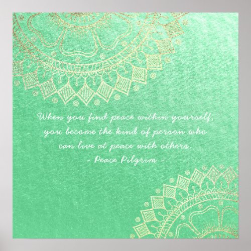 Yoga Meditation Teacher Green Gold Mandala Quotes Poster