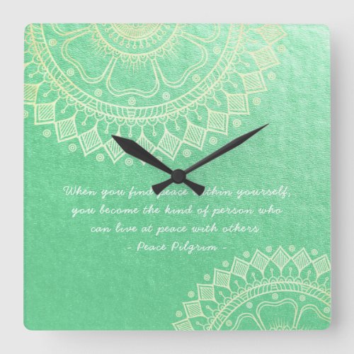 Yoga Meditation Teacher Green Gold Mandala Quotes Square Wall Clock