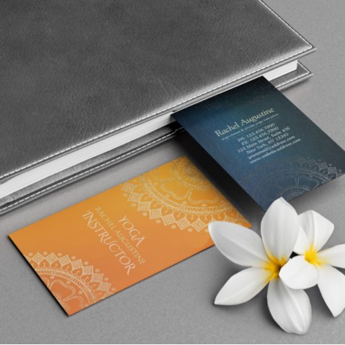 Yoga Meditation Teacher Modern Orange Gold Mandala Business Card