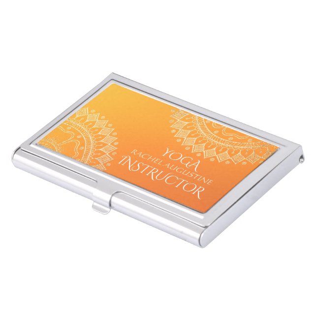 Yoga Meditation Teacher Modern Orange Gold Mandala Business Card Case (Front)