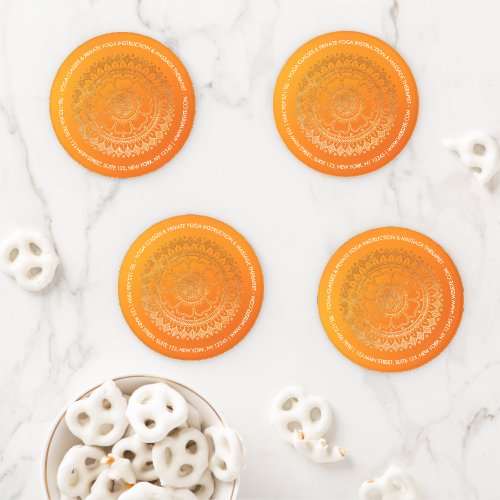 Yoga Meditation Teacher Modern Orange Gold Mandala Coaster Set