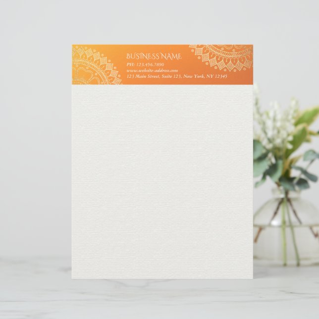 Yoga Meditation Teacher Modern Orange Gold Mandala Letterhead (Standing Front)