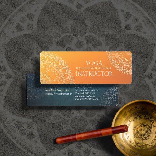 Yoga Meditation Teacher Modern Orange Gold Mandala Mini Business Card
