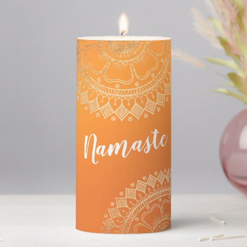 Yoga Meditation Teacher Modern Orange Gold Mandala Pillar Candle