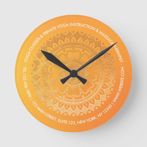 Yoga Meditation Teacher Modern Orange Gold Mandala Round Clock