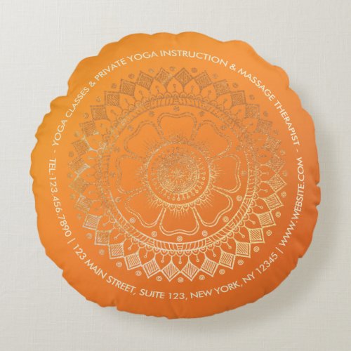 Yoga Meditation Teacher Modern Orange Gold Mandala Round Pillow