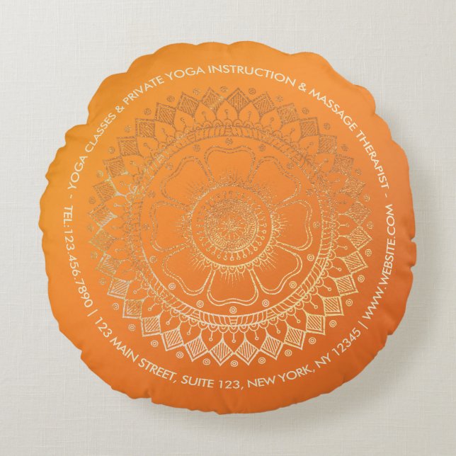 Yoga Meditation Teacher Modern Orange Gold Mandala Round Pillow (Front)
