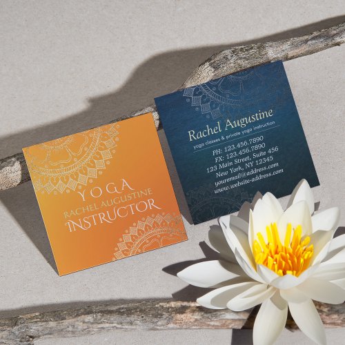 Yoga Meditation Teacher Modern Orange Gold Mandala Square Business Card