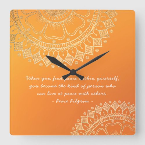 Yoga Meditation Teacher Orange Gold Mandala Quotes Square Wall Clock