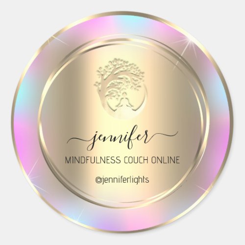 Yoga Meditation Therapist Couch Holograph GoldPink Classic Round Sticker
