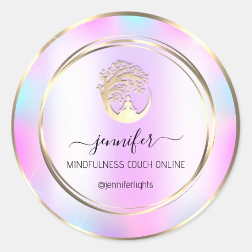Yoga Meditation Therapist Couch Holograph PinkGold Classic Round Sticker