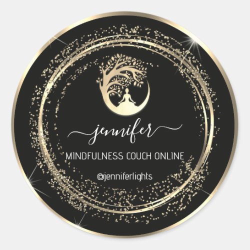 Yoga Mindfulness Therapist Couch Gold Frame Black Classic Round Sticker
