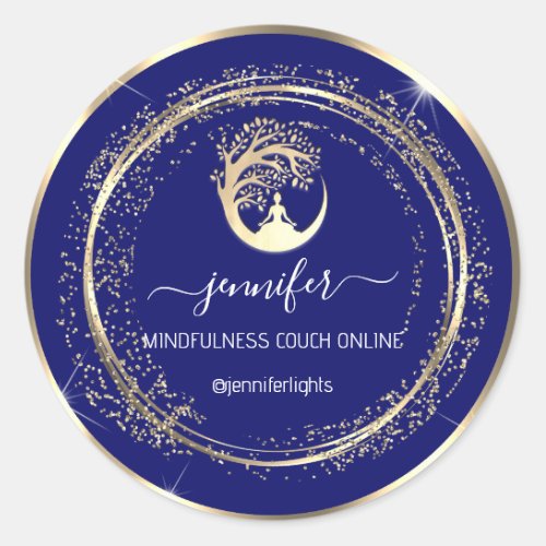Yoga Mindfulness Therapist Couch Gold Frame Blue  Classic Round Sticker