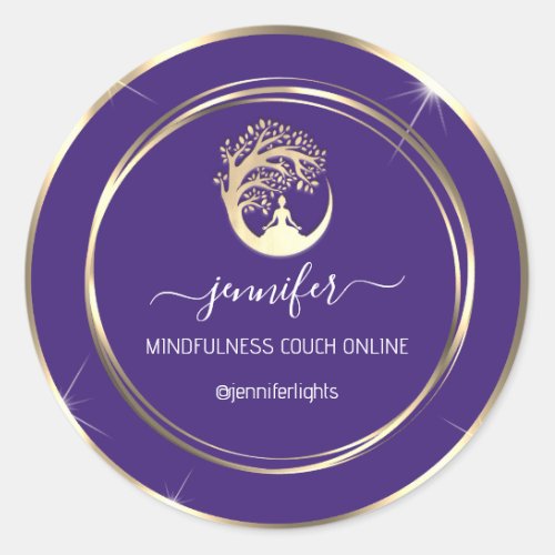 Yoga Mindfulness Therapist Couch Gold Frame Purple Classic Round Sticker