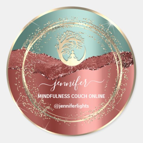 Yoga Mindfulness Therapist Couch Gold Rose Teal Classic Round Sticker