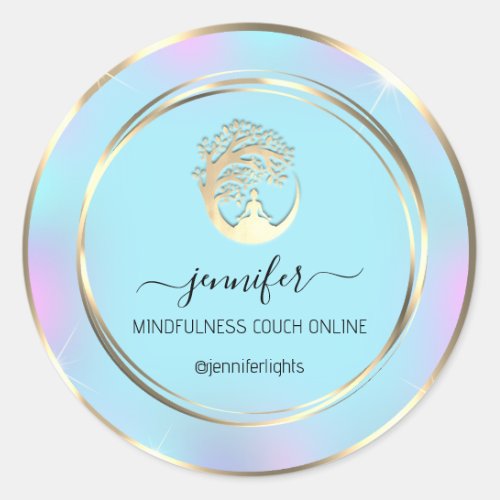 Yoga Mindfulness Therapist Couch Holograph Blue Classic Round Sticker