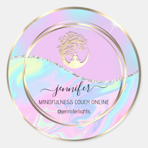 Yoga Mindfulness Therapist Couch Pink Holographic Classic Round Sticker
