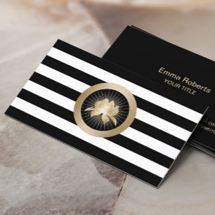 Yoga Modern Gold Lotus Logo Black & White Stripes Business Card