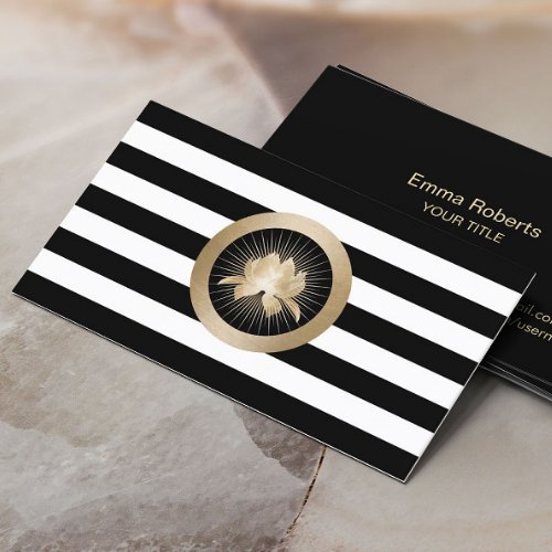 Yoga Modern Gold Lotus Logo Black  White Stripes Business Card