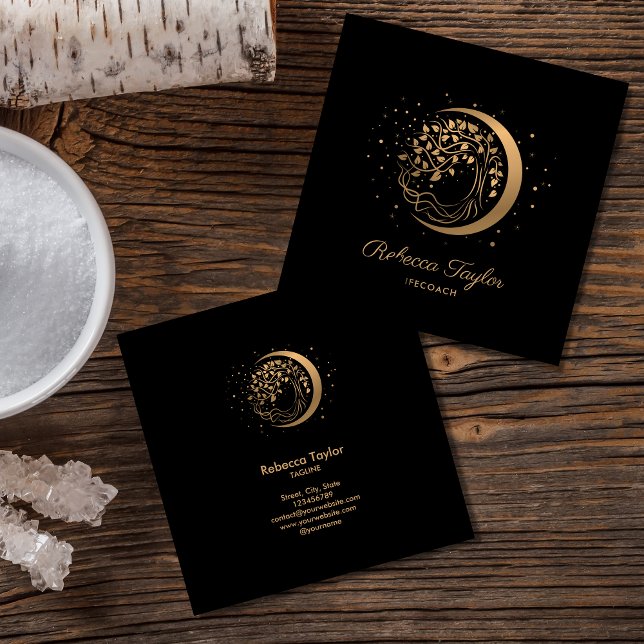 yoga moon feminine life coach tree of life gold square business card (Creator Uploaded)
