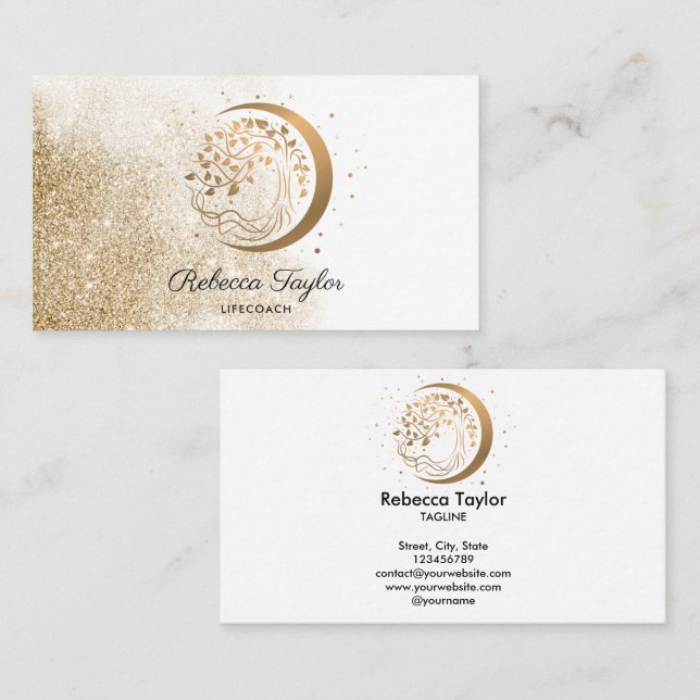 yoga moon trendy life coach tree of life gold busi business card (Front/Back)