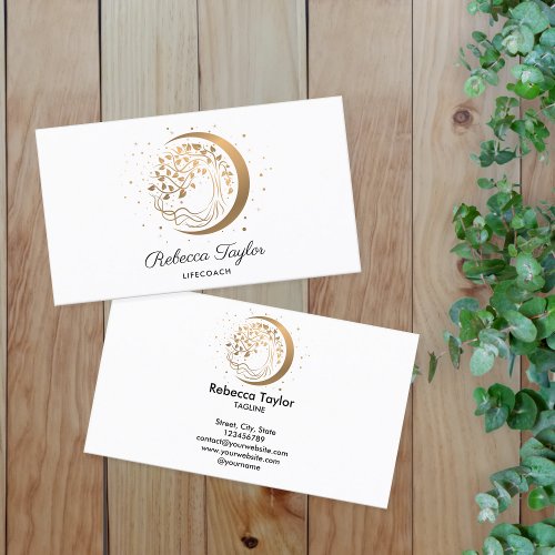 yoga moon trendy life coach tree of life gold business card