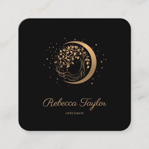 yoga moon trendy life coach tree of life gold square business card
