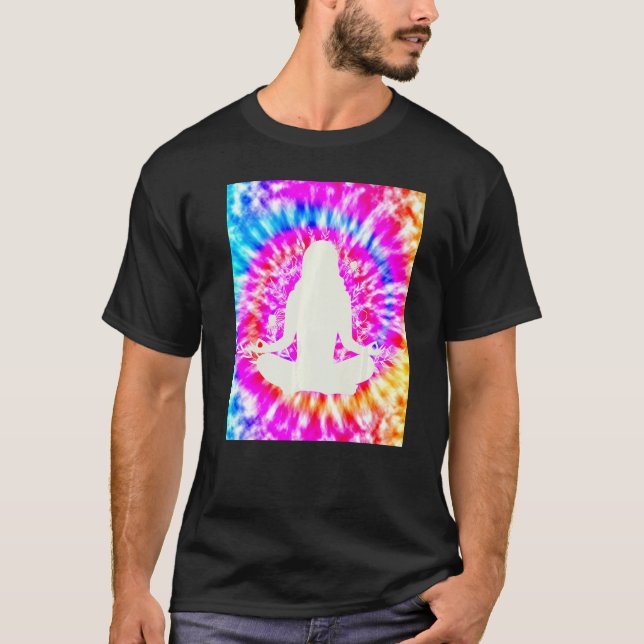 Yoga Namaste Moon Tie Die Buddha Pose Flowers   T-Shirt (Front)