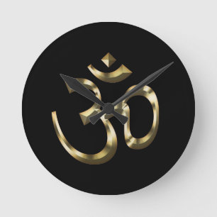 Yoga, Om Aum Icon, Hinduism Symbol, gold black Rou Round Clock