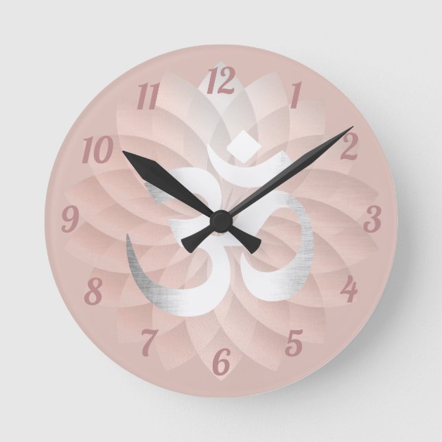 Yoga Om Sign Abstract Rose Gold Lotus Floral Round Clock (Front)
