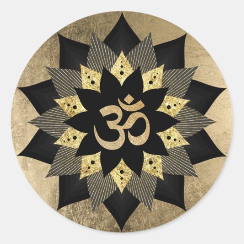 Yoga Om Symbol Black  Gold Lotus Flower Classic Round Sticker