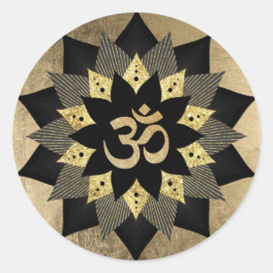 Yoga Om Symbol Black & Gold Lotus Flower Classic Round Sticker