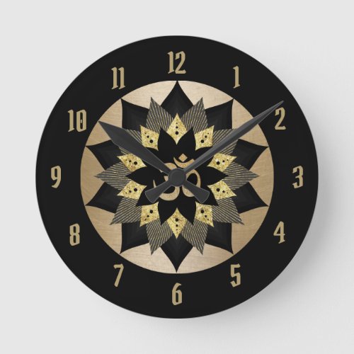 Yoga Om Symbol Black  Gold Lotus Flower Mandala Round Clock